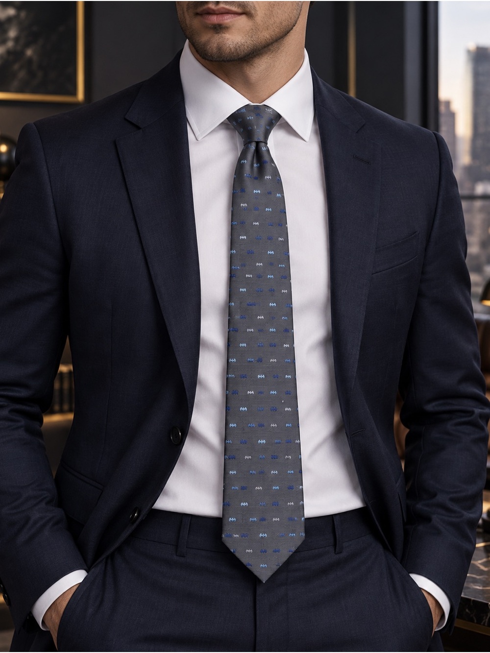 NWT DC Comics Batman Icon Gray Men’s Neck Tie Blue Logo Novelty Superhero Gotham
